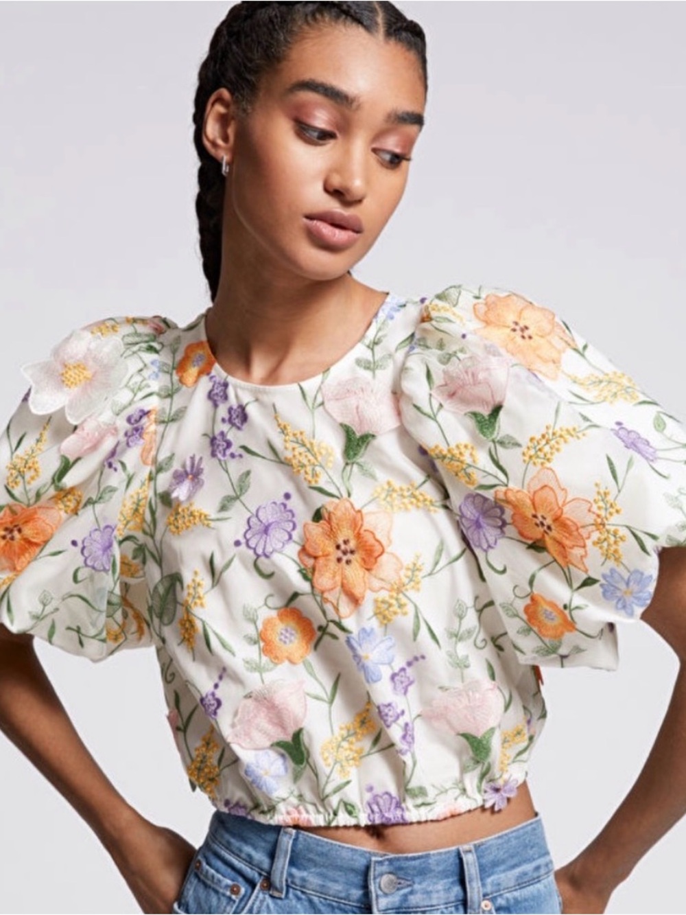 & Other Stories White Floral Appliqué Puff-Sleeve Cropped Blouse